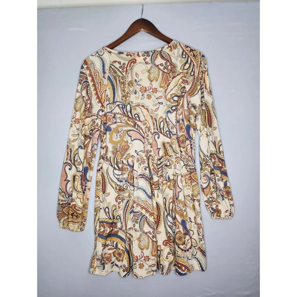 Melloday Anthropologie Mini Dress Paisley Small‎ Boho Style Long sleeve popover
